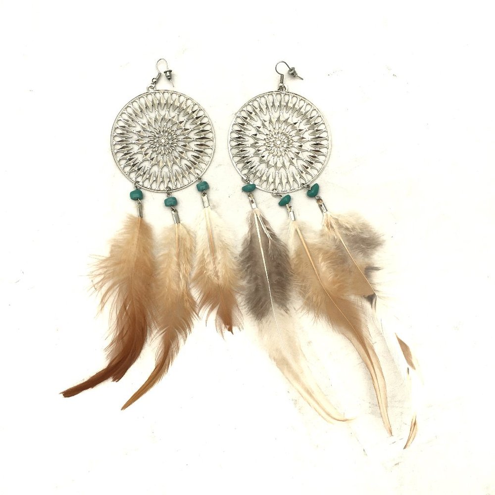 Silver Medallion Turquoise Long Feather Earrings